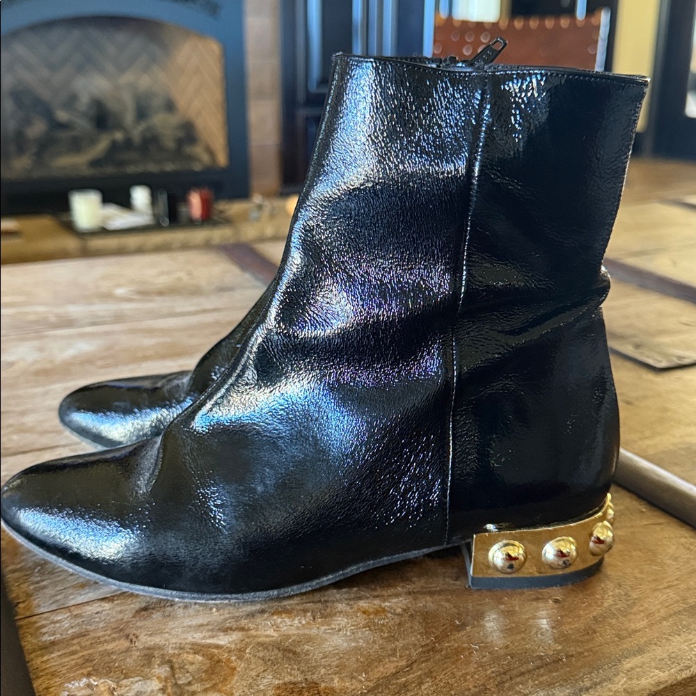 Marc Ellis Designer Black Patent Ankle Boots  Gold Heel Groovy 70s Vibe  Size 37